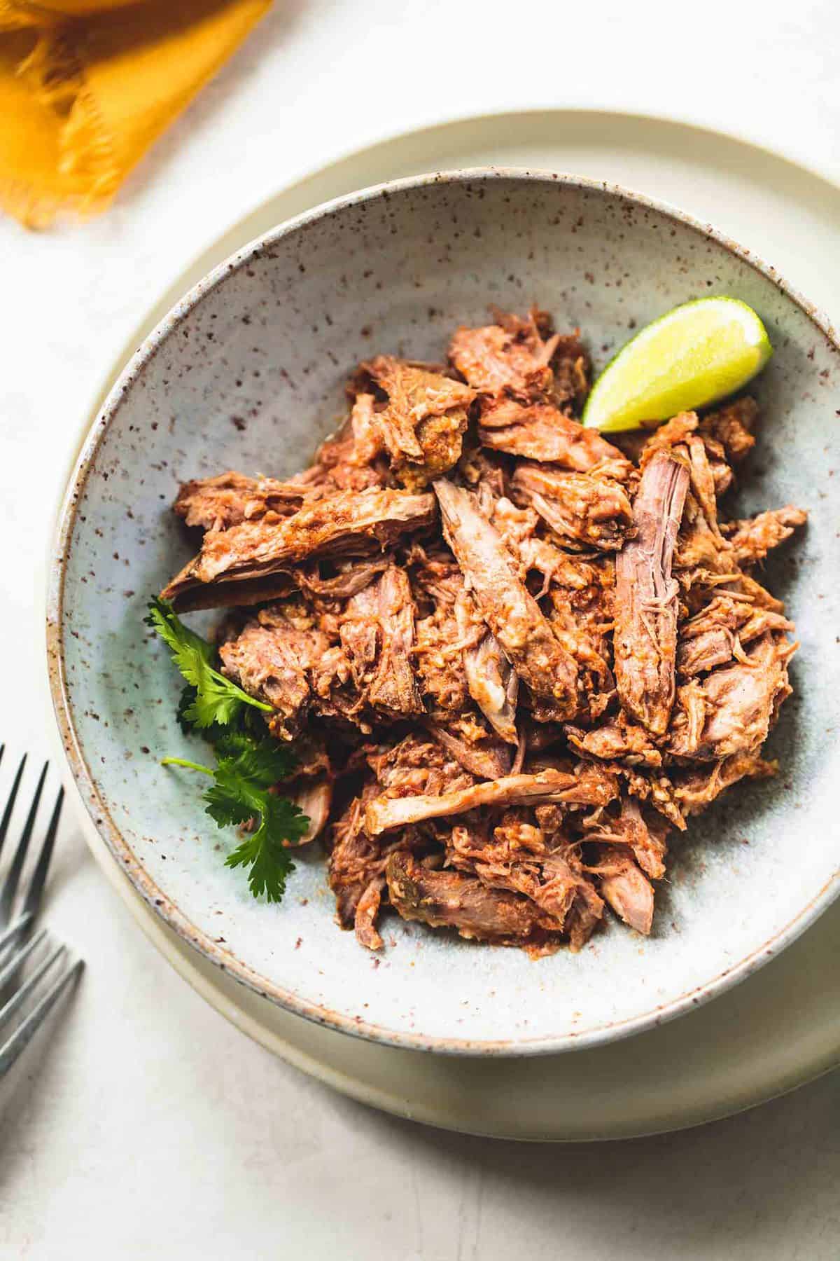 top view of pulled pork in a bowl.