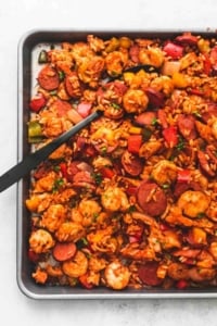 Easy Sheet Pan Jambalaya recipe | lecremedelacrumb.com