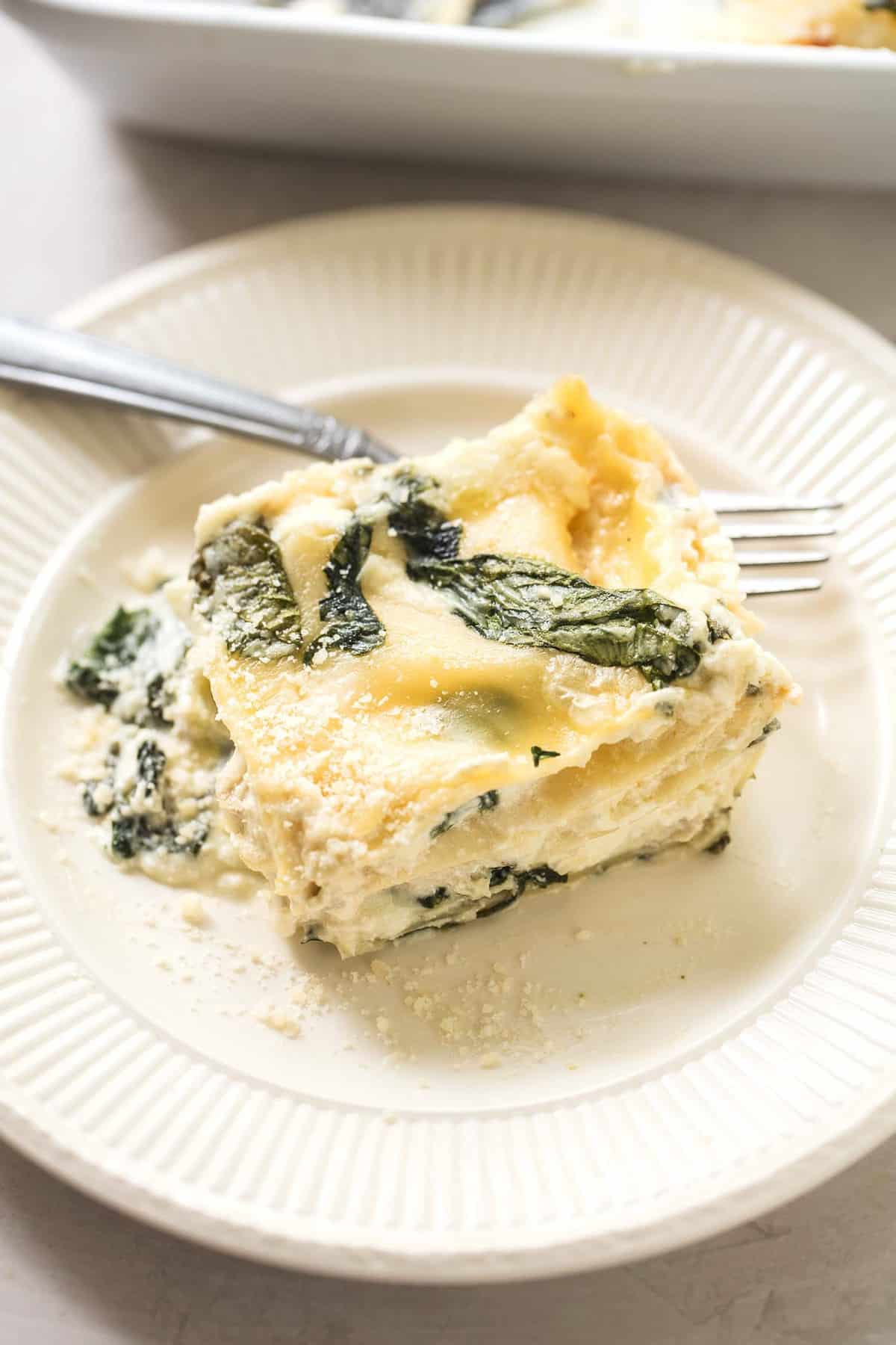 white chicken lasagna with spinach with a fork on a plate.