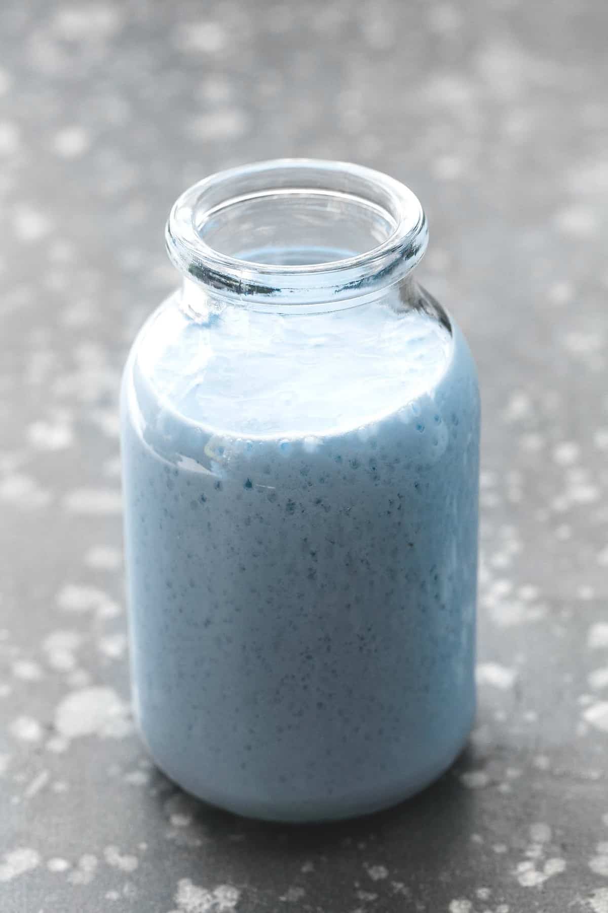 a glass jar of galaxy's edge blue milk (Disneyland Copycat).
