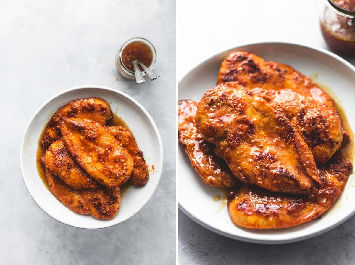 side by side images of crispy honey garlic chicken on a plate with a glass jar of sauce with spoons on the side.