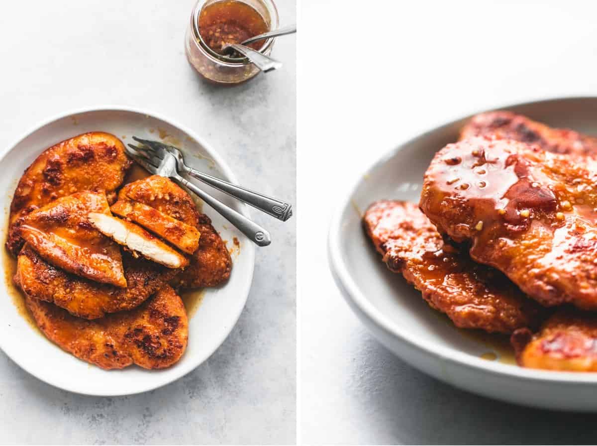 side by side images of crispy honey garlic chicken on a plate with a glass jar of sauce with spoons on the side.