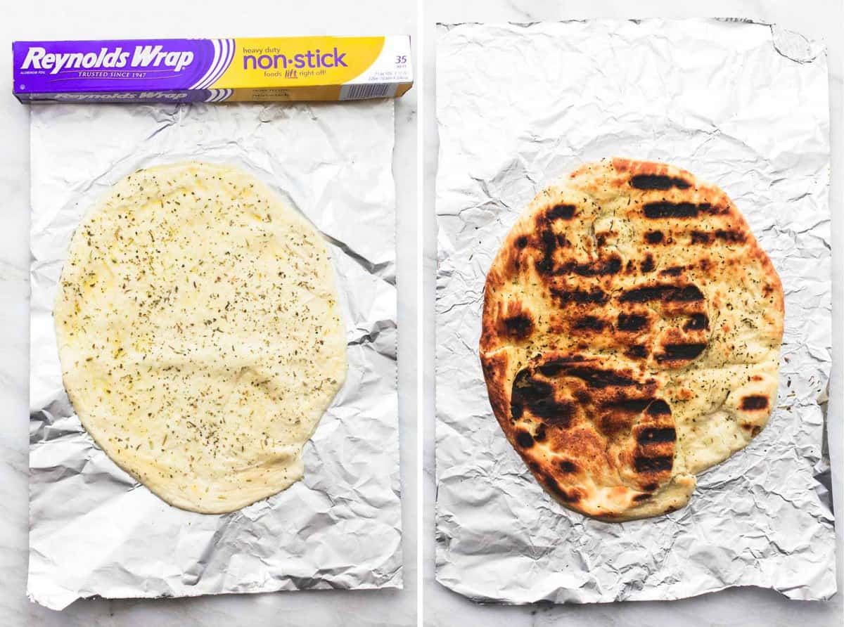 side by side images of unbaked and baked pizza crust sitting on top of foil.