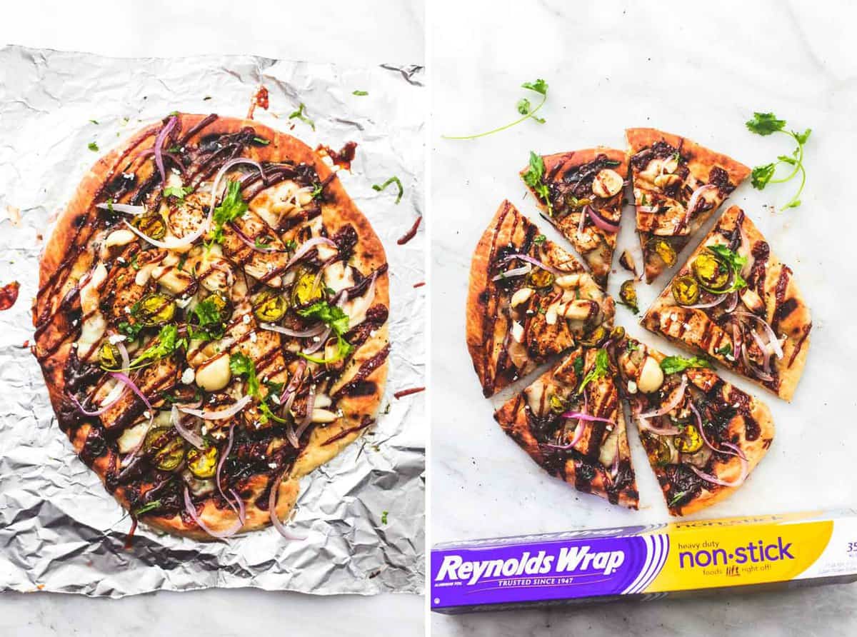 side by side images of grilled bbq chicken pizza whole and cut into slices with a box of foil on the side.