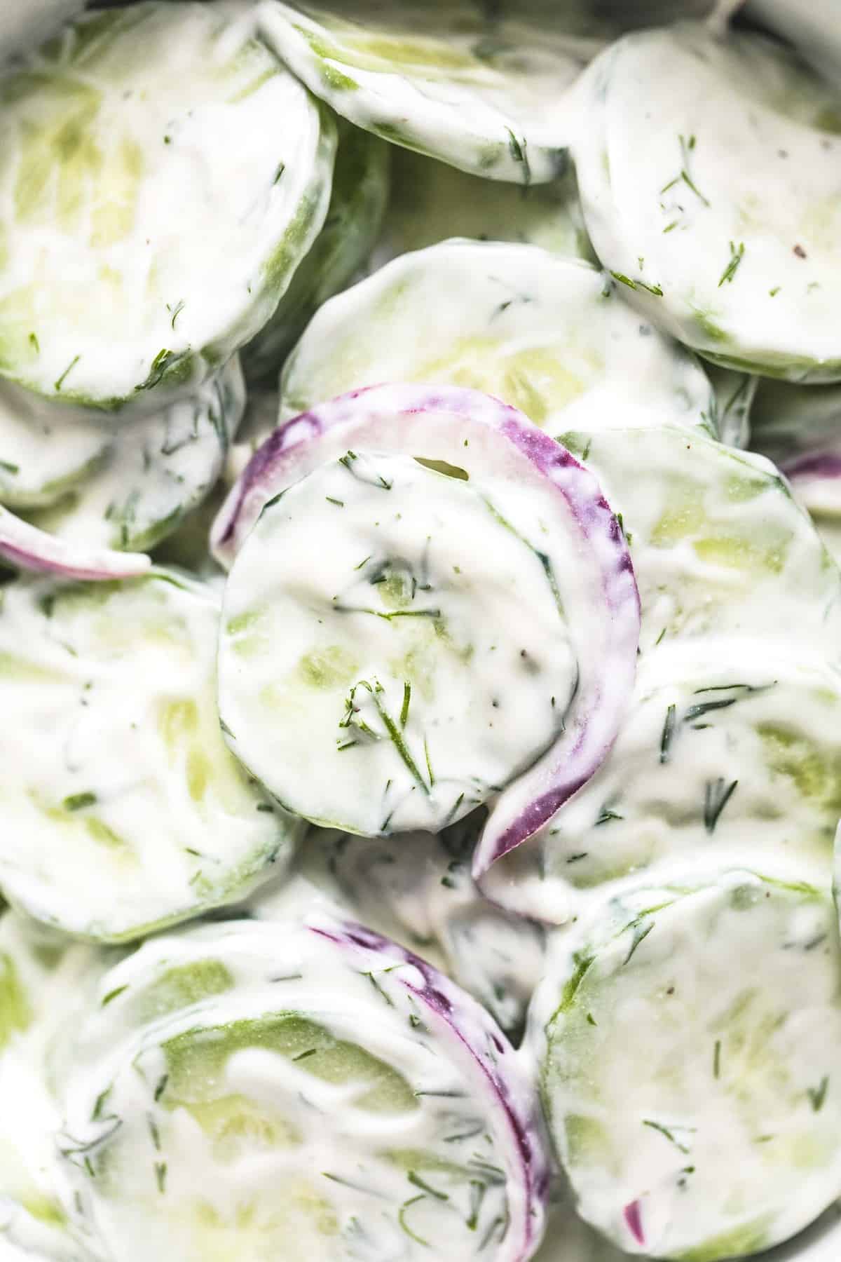close up of creamy cucumber salad.