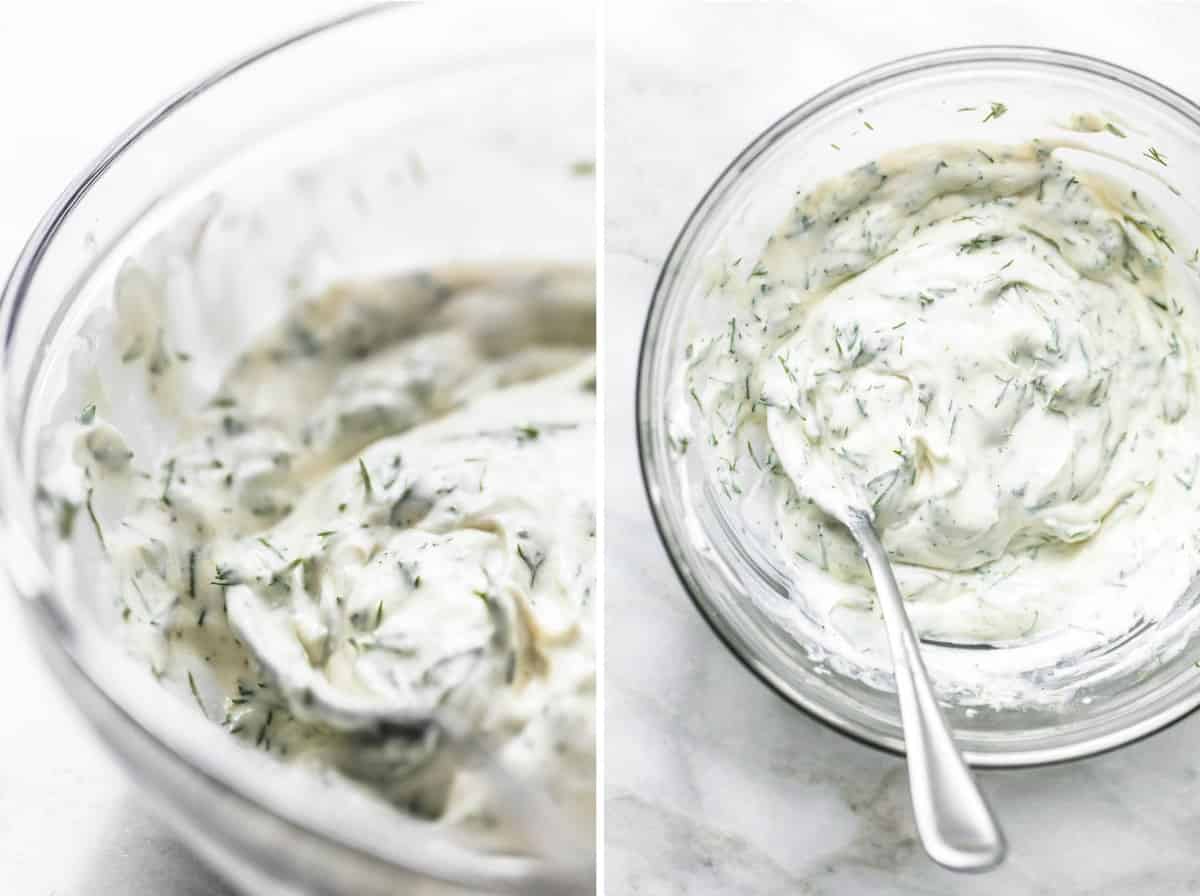 side by side images of creamy dressing in a glass bowl.