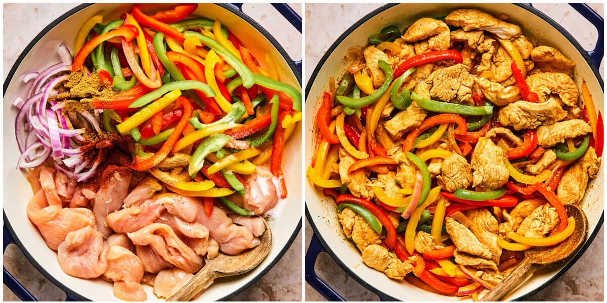 Steps 1-2 for chicken fajitas recipe.