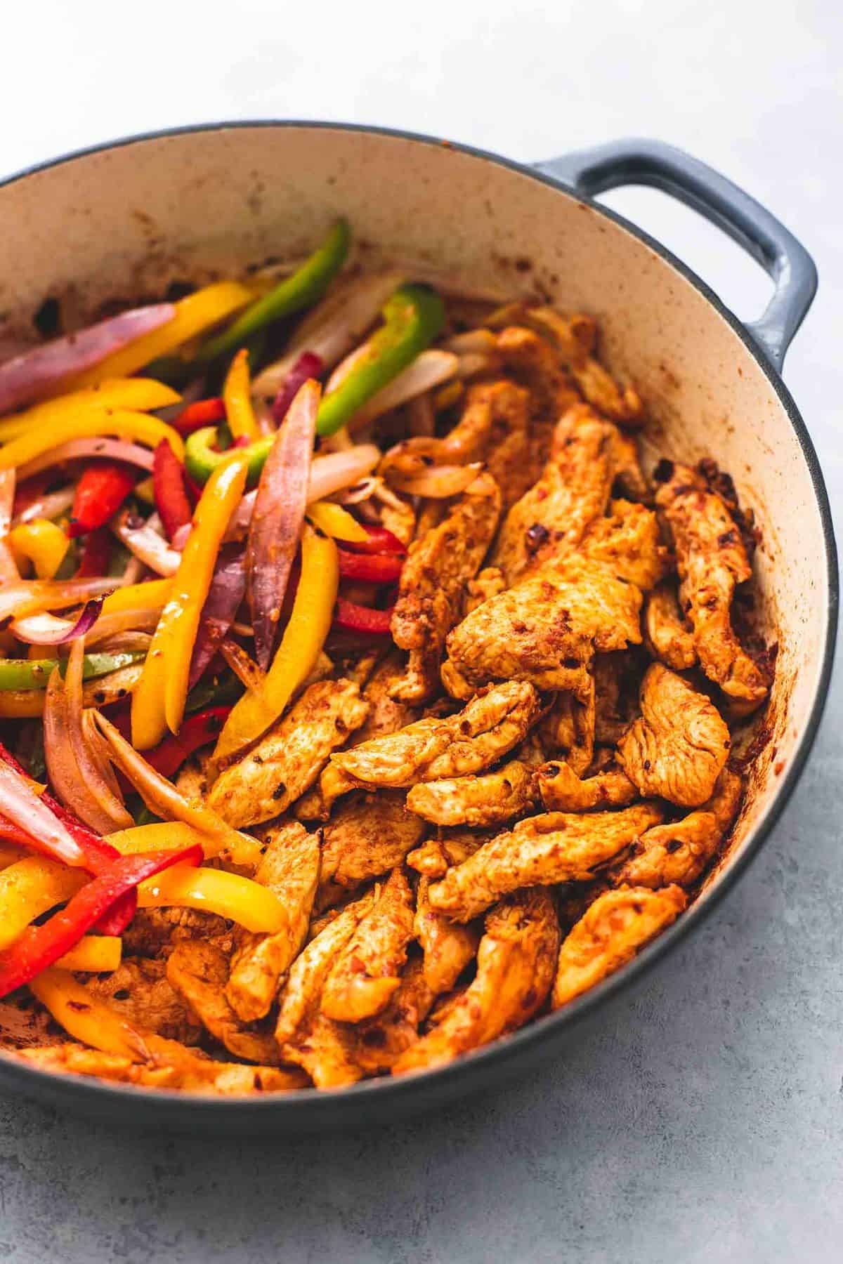 close up of chicken fajitas skillet.