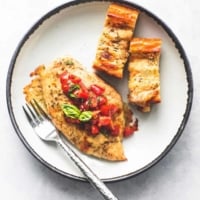 Sheet Pan Bruschetta Chicken and Cheesy Garlic Bread easy one pan dinner recipe | lecremedelacrumb.com