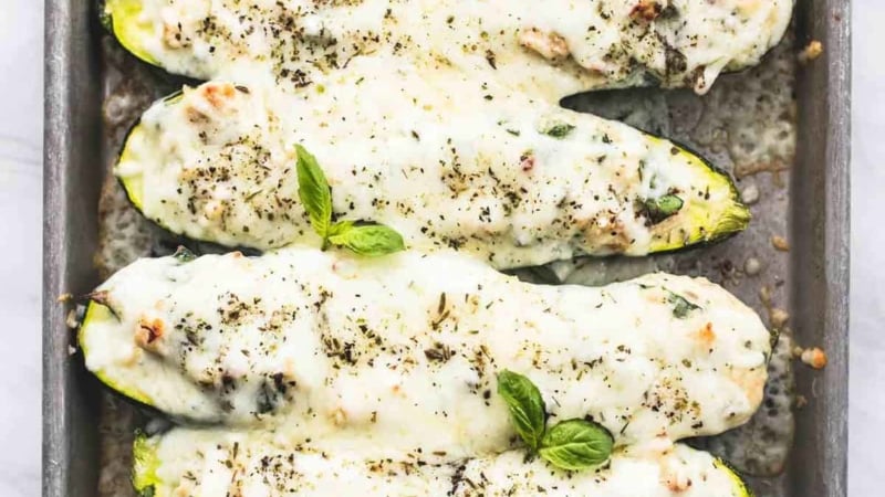 White Chicken Lasagna Stuffed Zucchini Boats easy healthy recipe | lecremedelacrumb.com