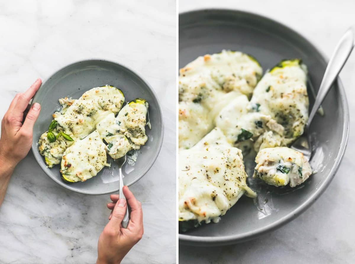 side by side images of a hand holding a bowl with white chicken lasagna stuffed zucchini boats in it with the other hand grabbing a bite with a fork and a close up of zucchini boats in a bowl with a bite on a fork.