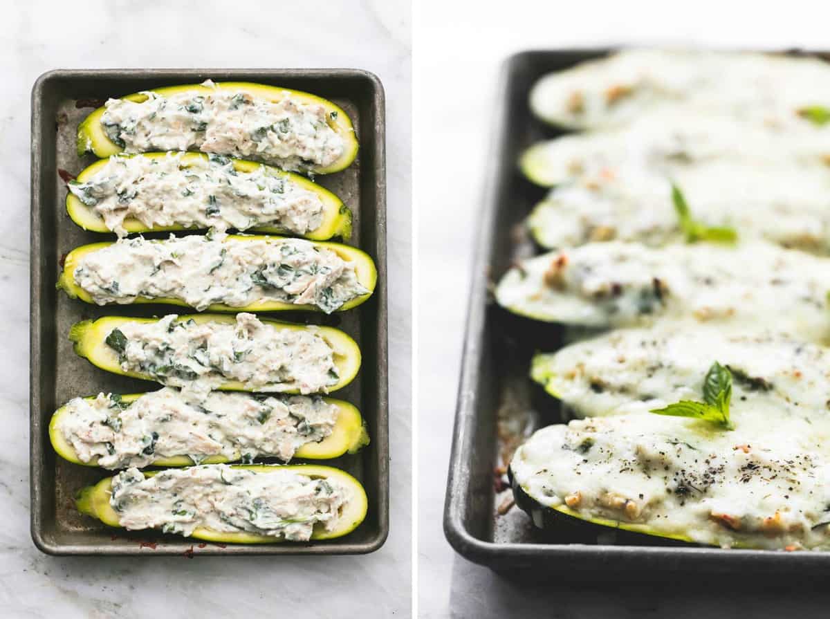 side by side images of white chicken lasagna stuffed zucchini boats on a baking sheet.