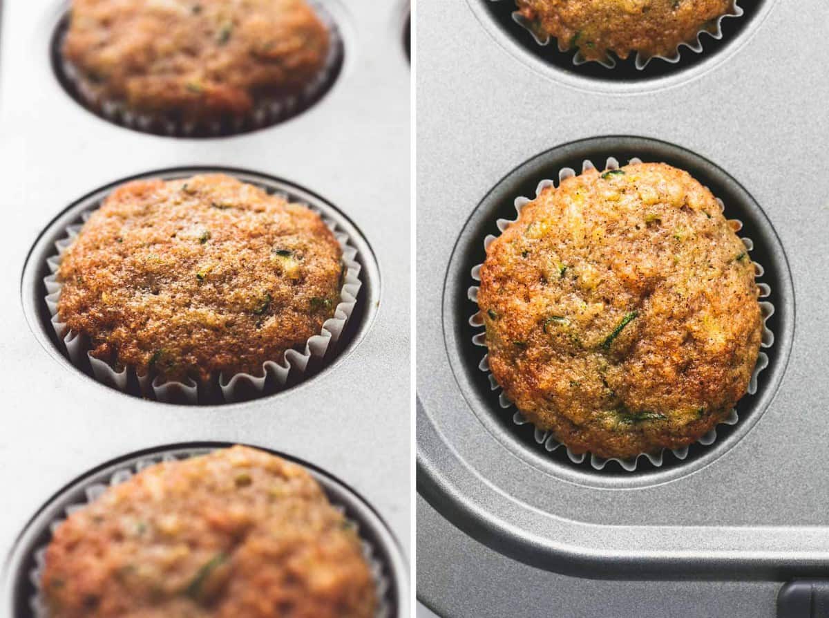 side by side images of zucchini bread muffins in a muffin tin.