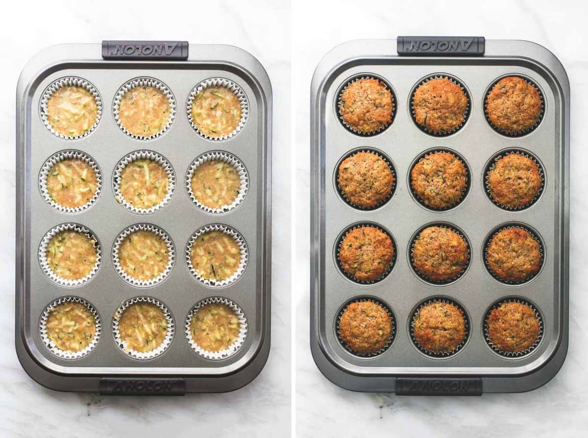 side by side images of zucchini bread muffins in a muffin tin unbaked and baked.