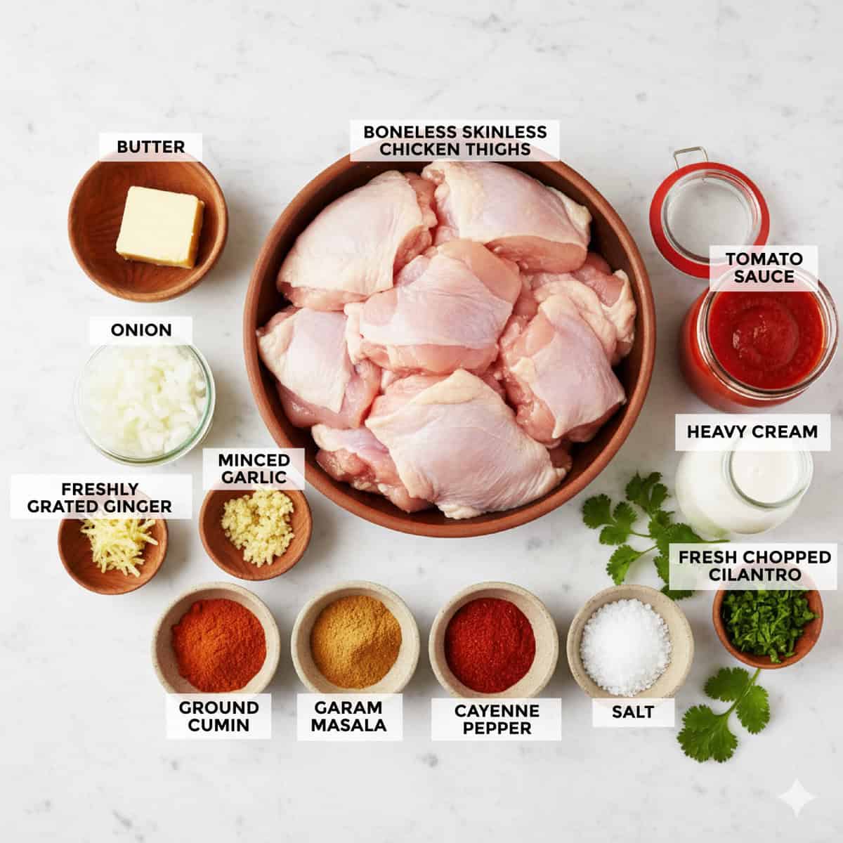 Ingredients for chicken tikka masala in bowls.