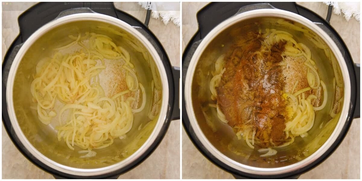 Steps 1-2 for chicken tikka masala recipe in the instant pot.