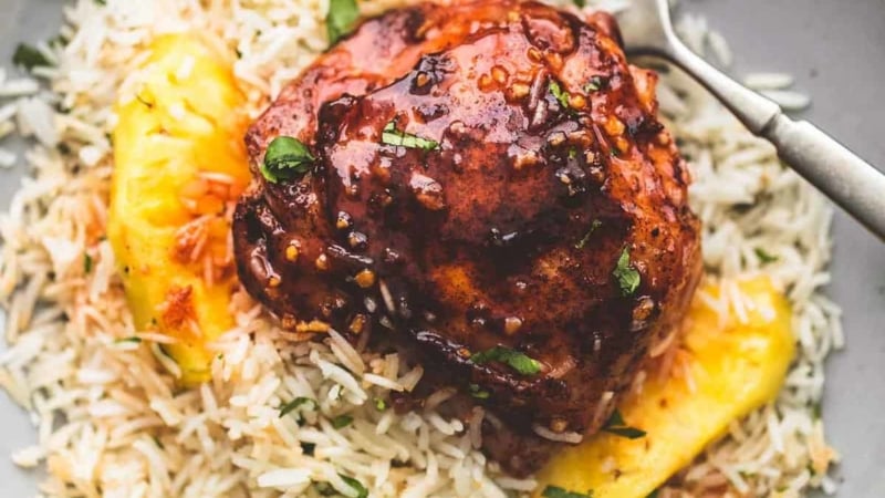 Island Glazed Chicken and Coconut Rice easy one pot recipe | lecremedelacrumb.com