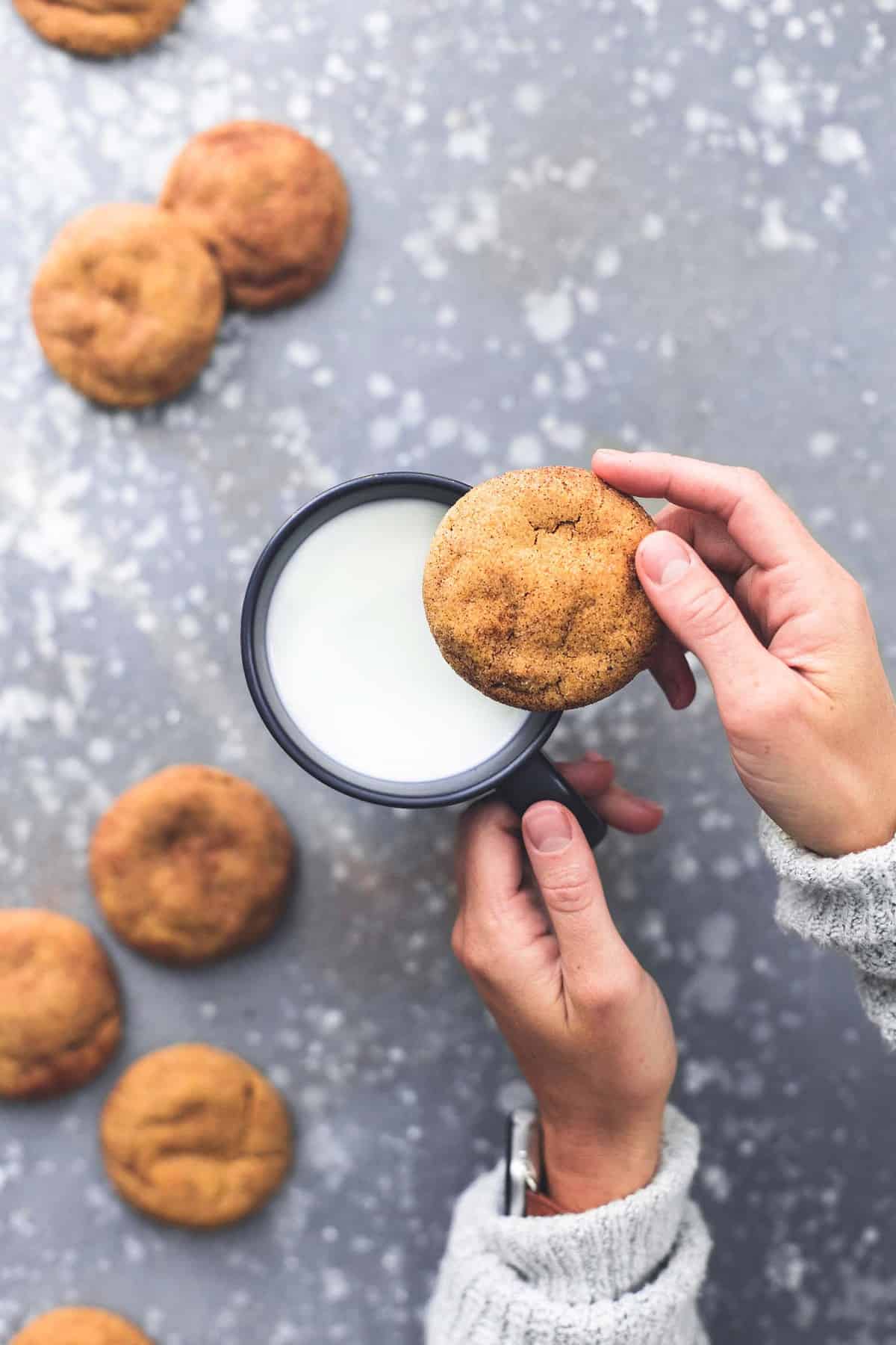 top view of a hand holding a mug of milk and a pumpkin snickerdoodle in the other above more cookies.