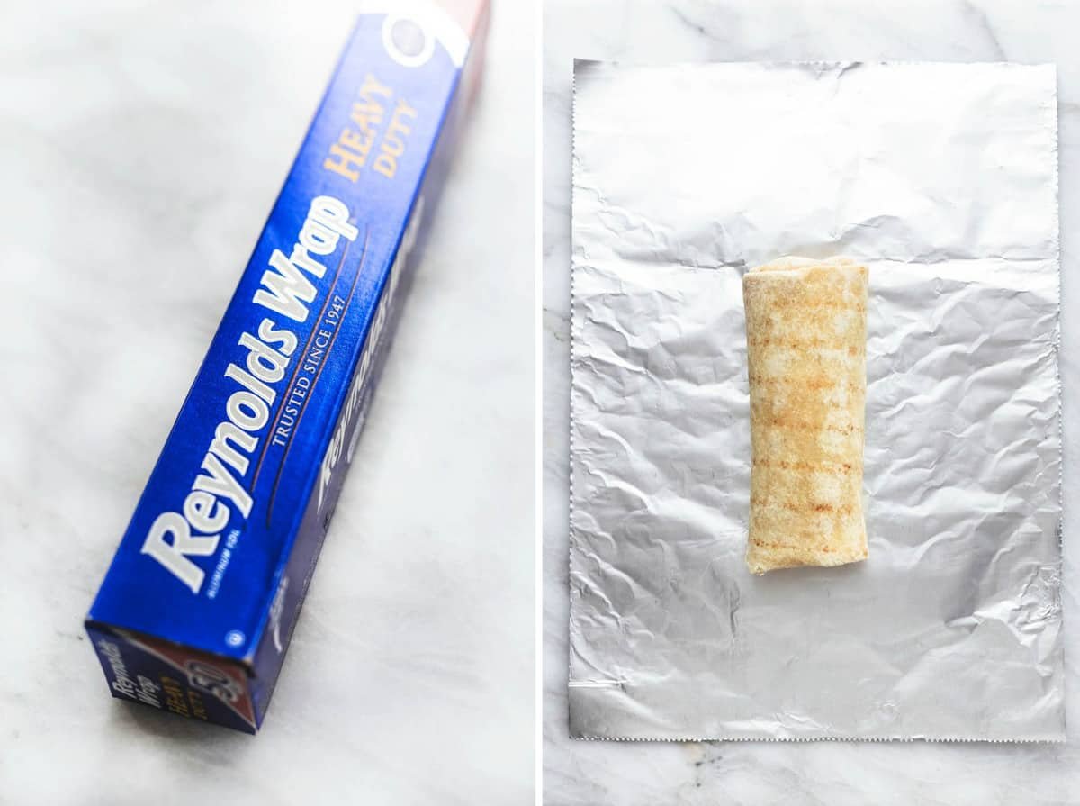 side by side images of a bow of Reynolds Wrap and a freezer breakfast burrito on some foil.