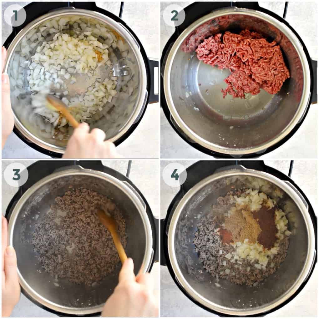 First four steps of preparing instant pot chili
