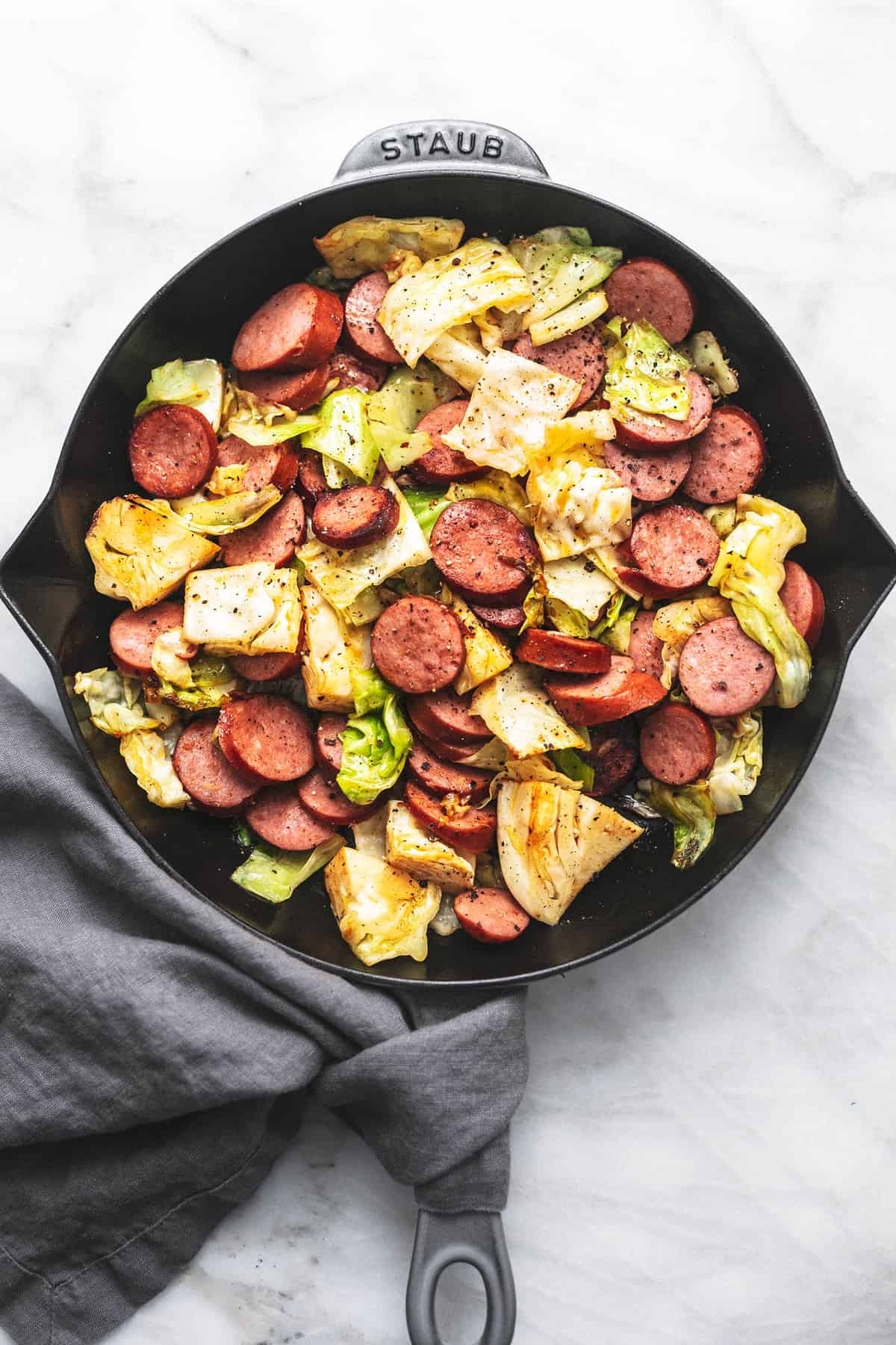 top view of sausage and cabbage skillet in a skillet.