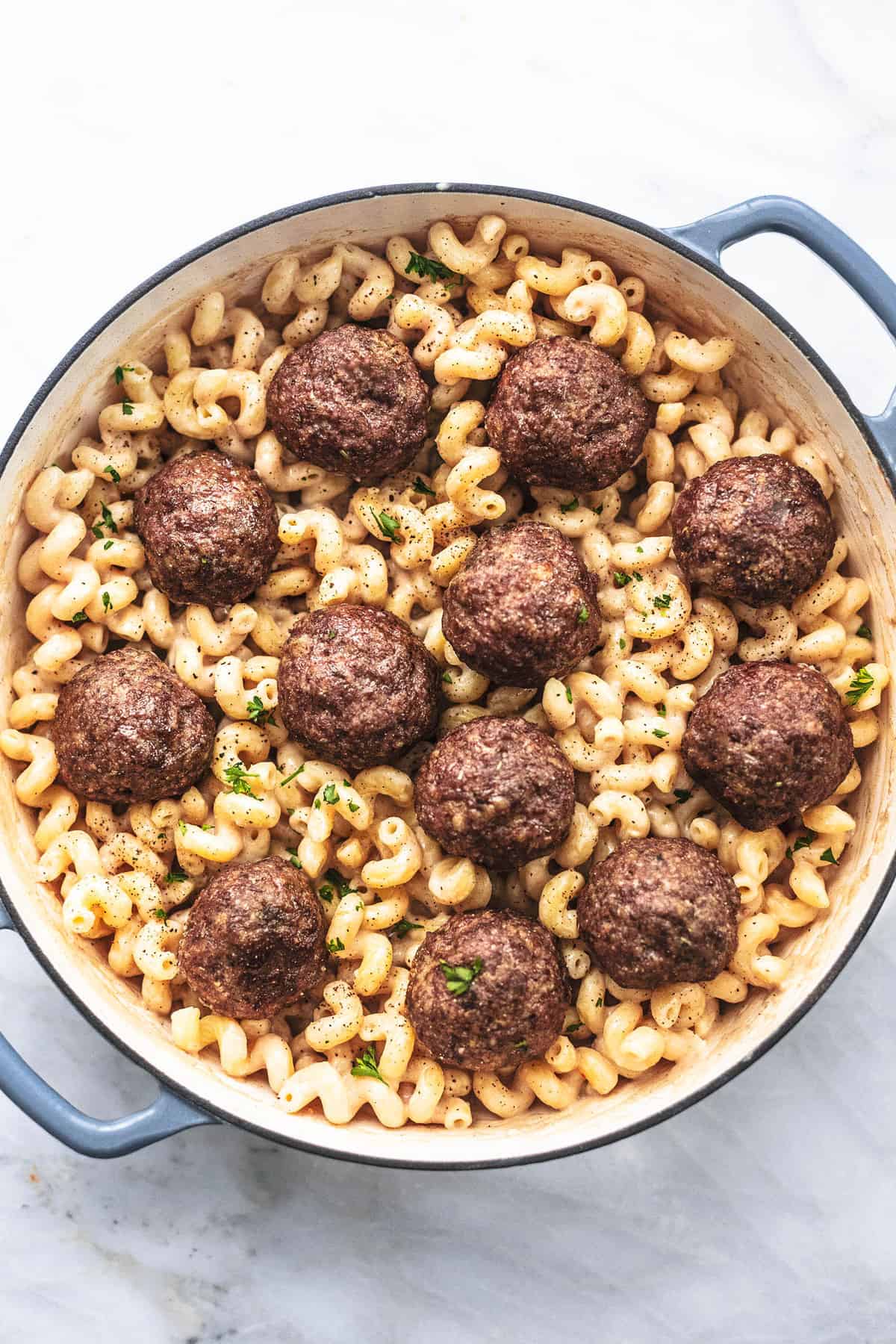 top view of Swedish meatball pasta in a pan.