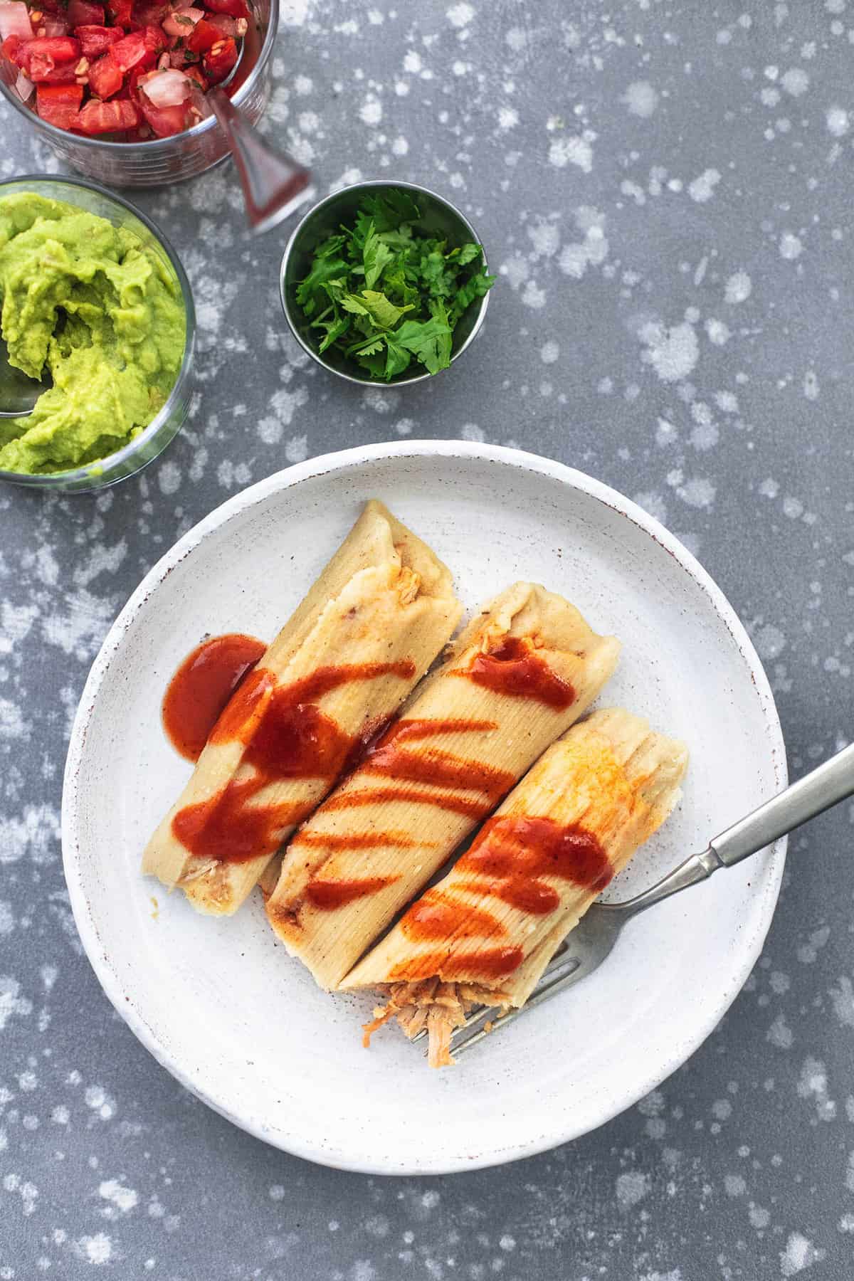 top view of tamales with sauce and a fork on a plate with bowls of toppings on the side.