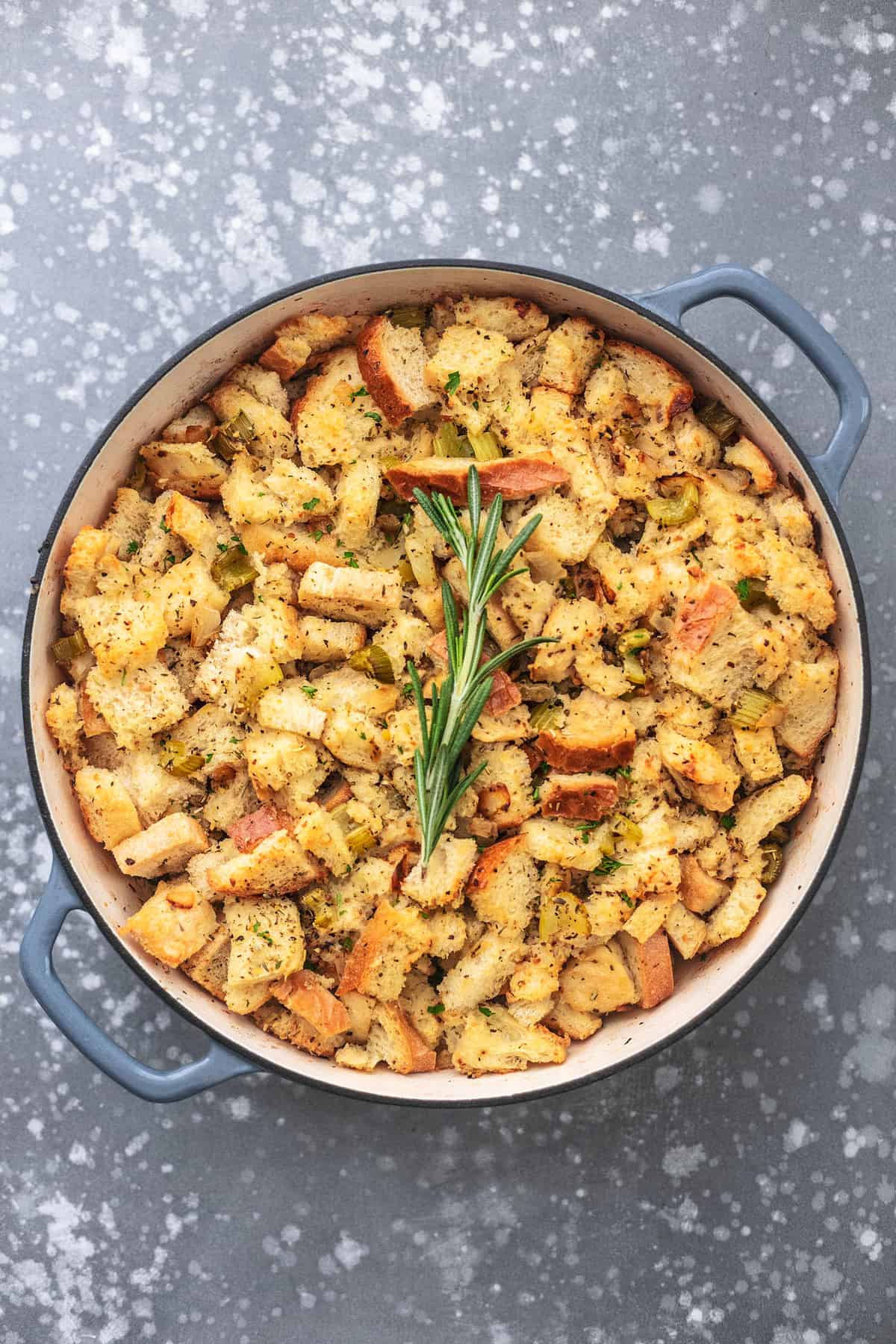top view of homemade stuffing in a pan.