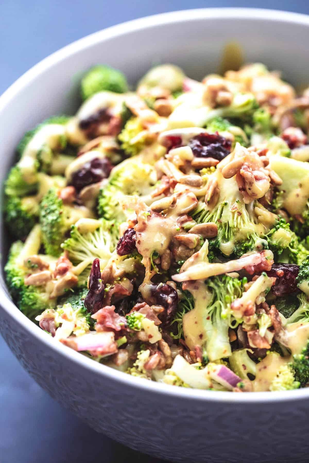 broccoli salad in a serving bowl.