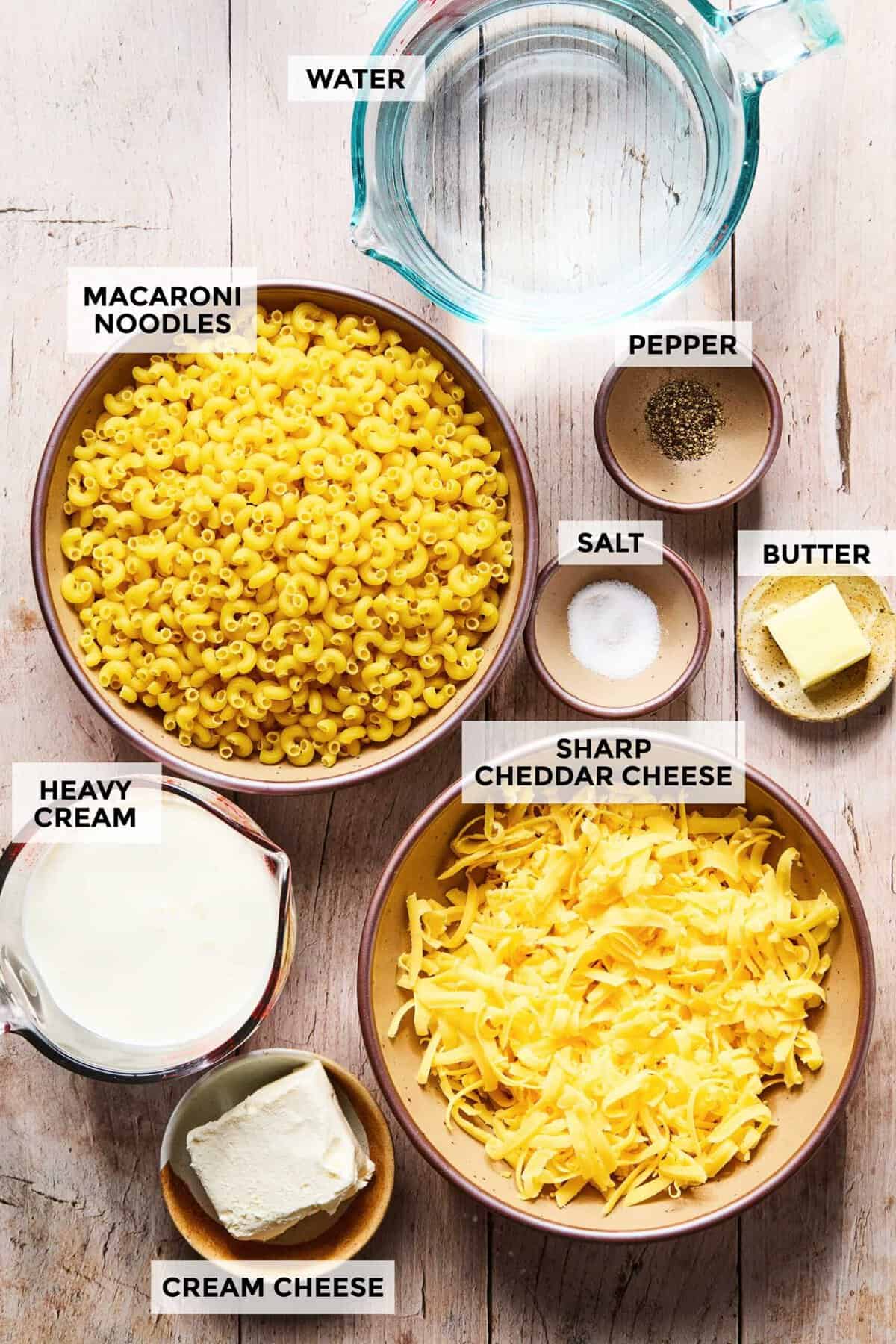 Ingredients for preparing instant pot mac and cheese.