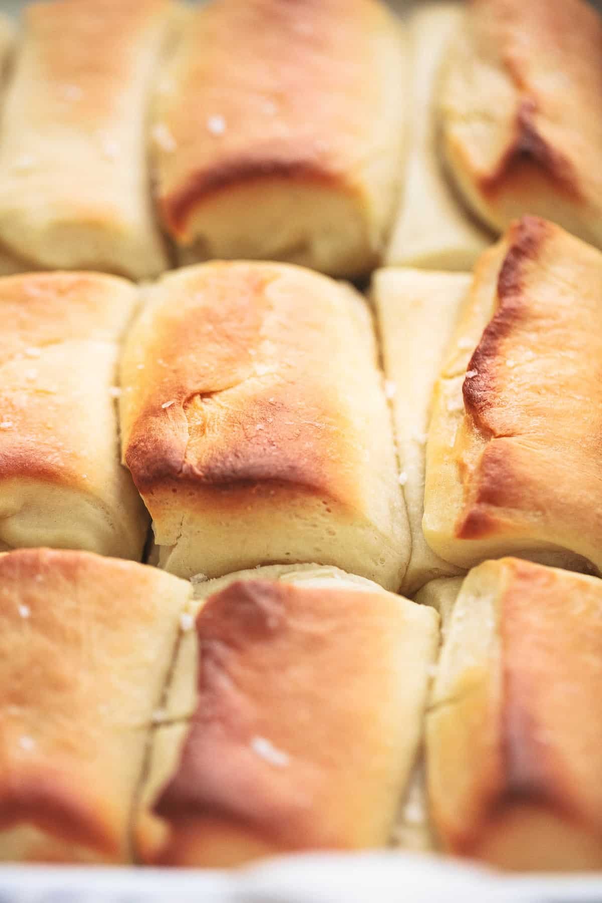 close up of homemade Parker House rolls.