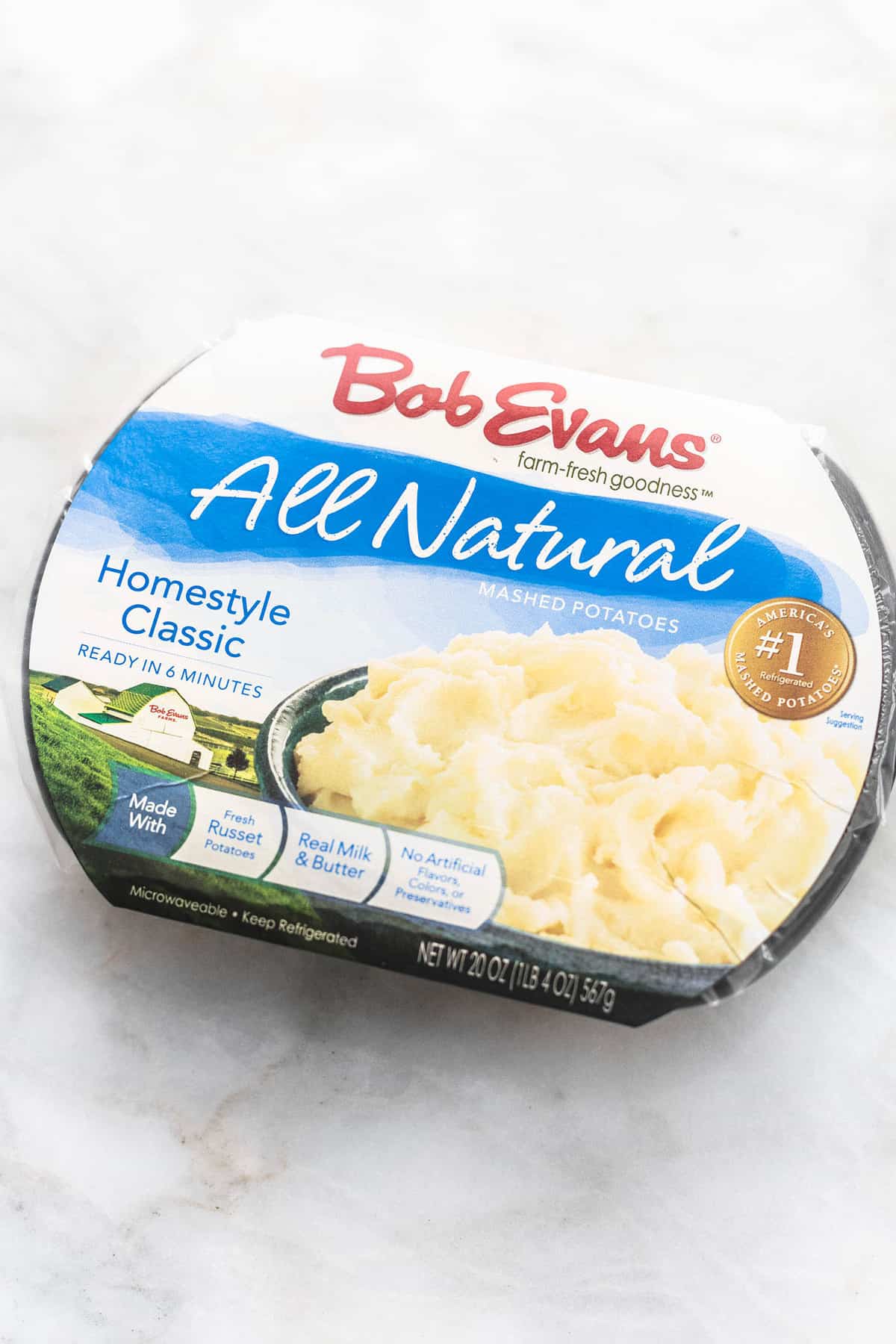 a package of Bob Evans all natural homestyle mashed potatoes.