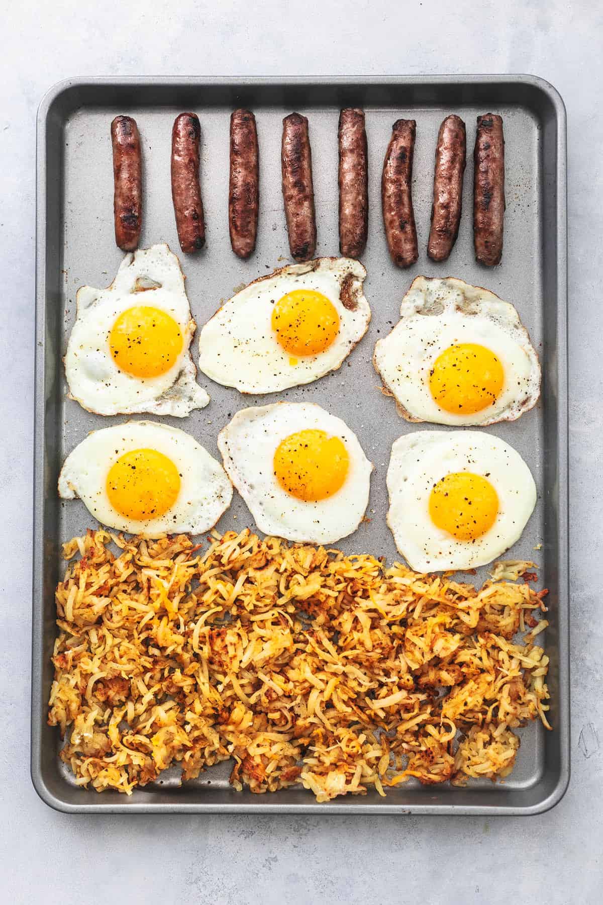 top view of sheet pan breakfast on a sheet pan.