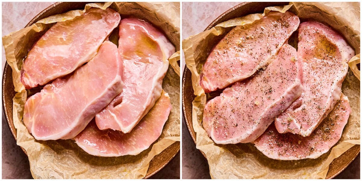 Step 1 for making baked pork chops with mushroom cream sauce.
