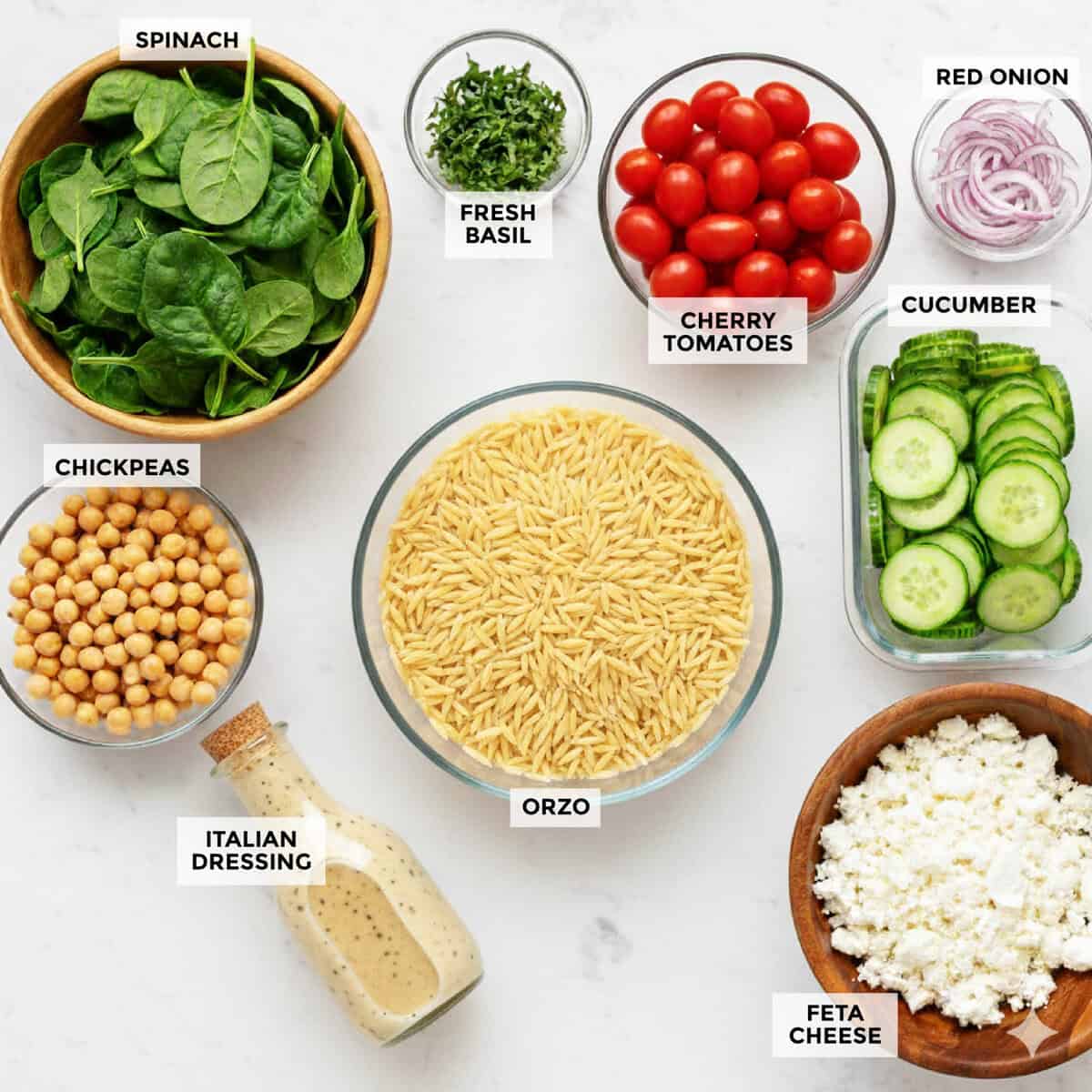 ingredients for mediterranean orzo salad with greek dressing.