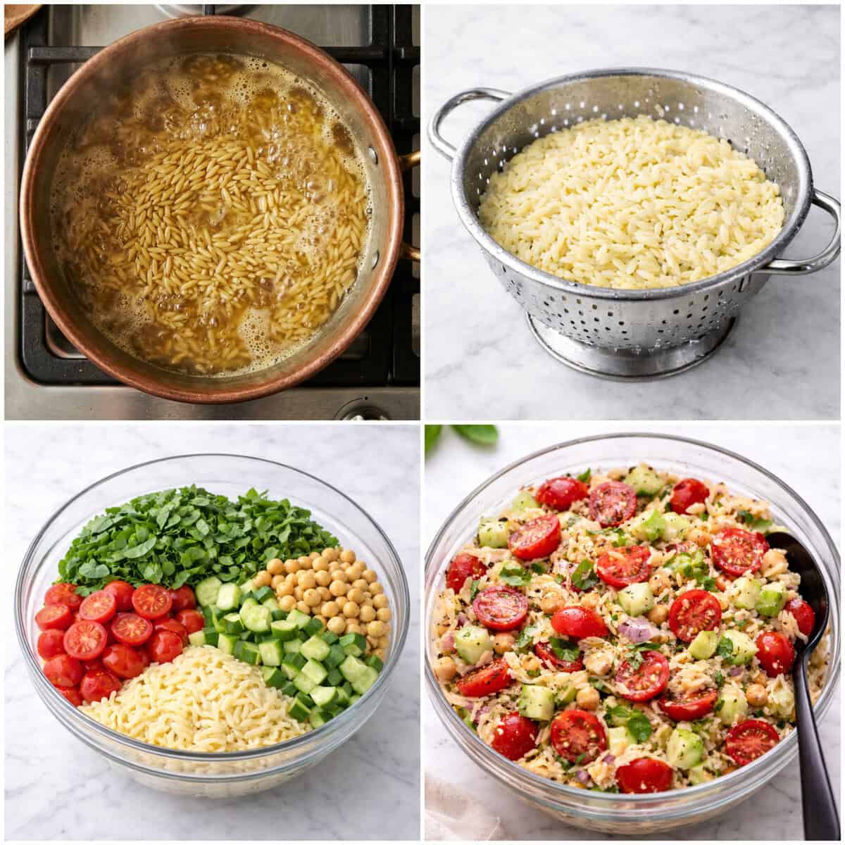Four steps of preparing Greek orzo salad with dressing.