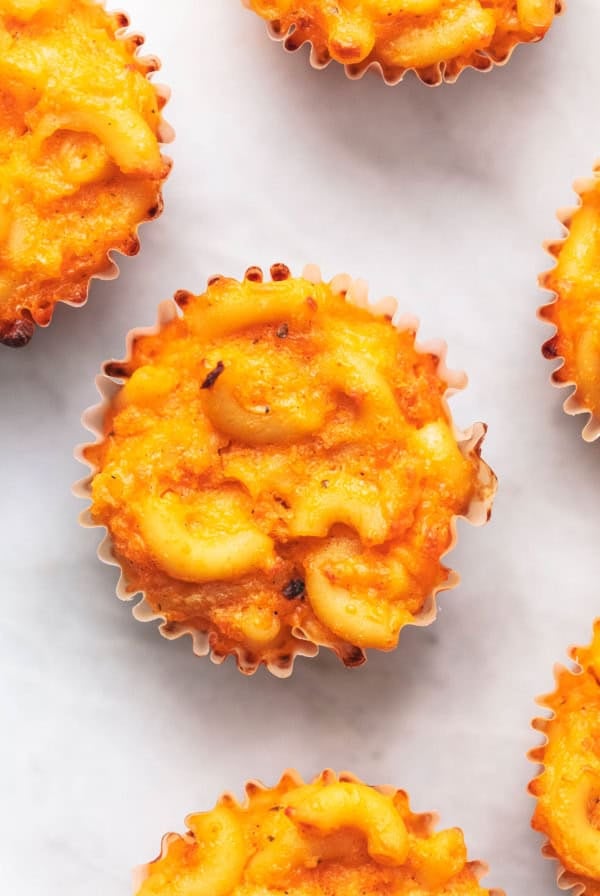 buffalo macaroni and cheese bites close up on marble surface