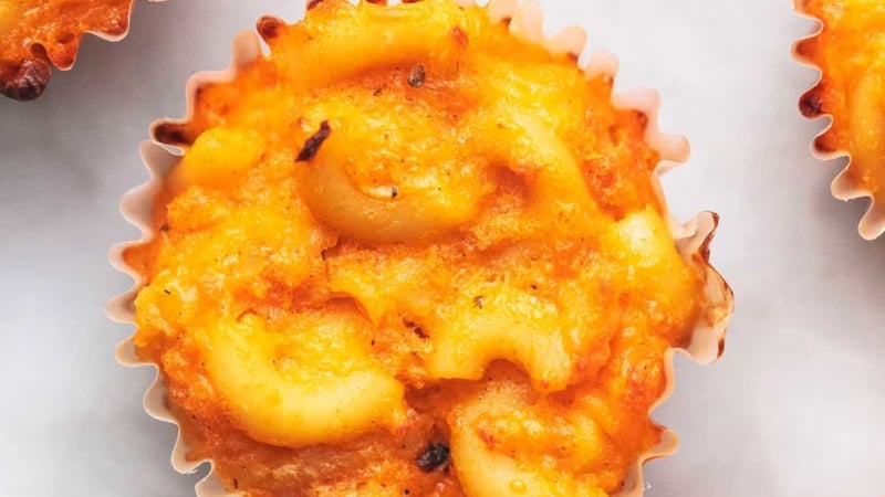 buffalo macaroni and cheese bites close up on marble surface