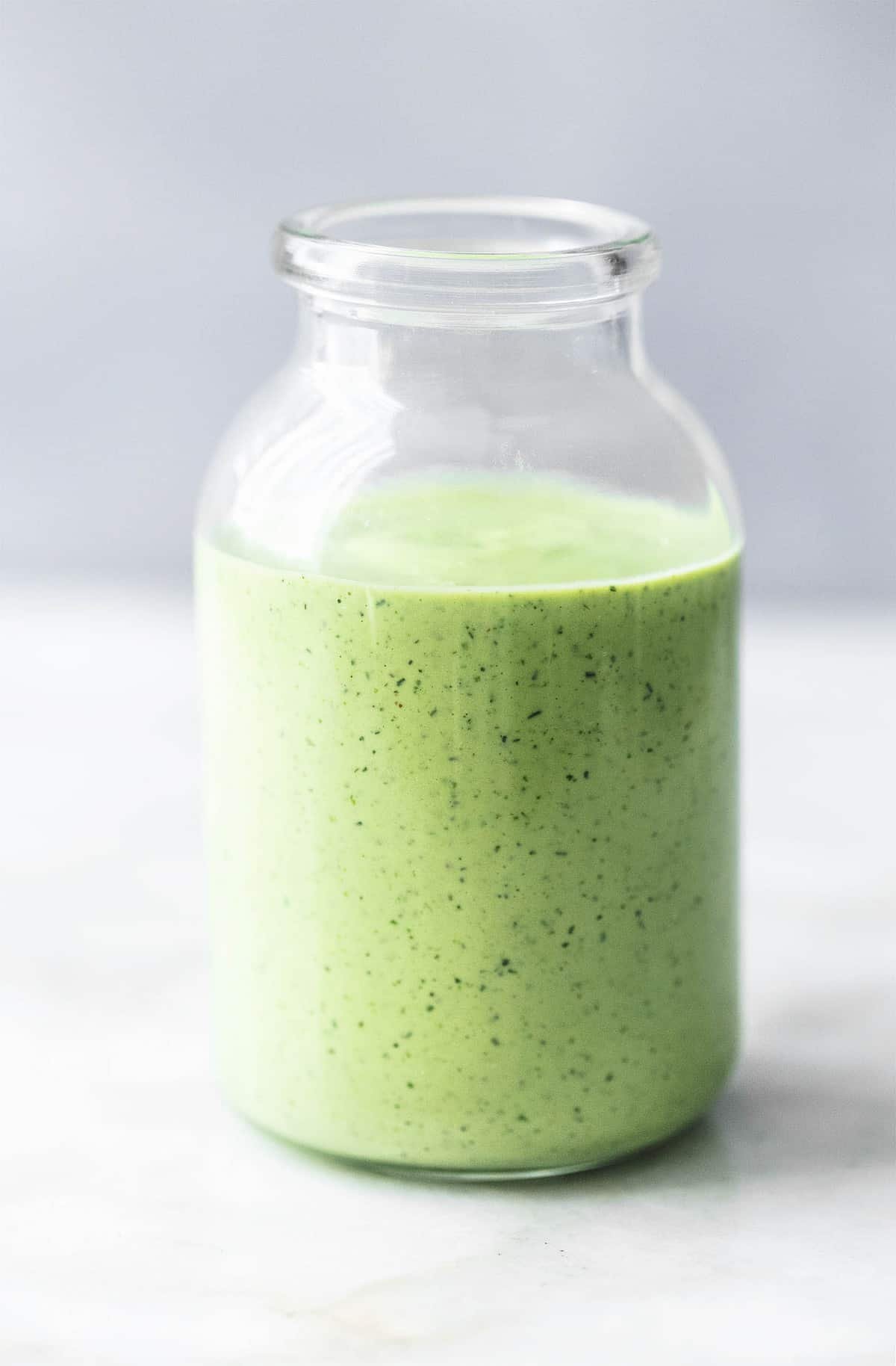 cilantro avocado ranch dressing in a jar.