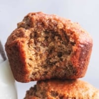 close up bran muffins with a bite out