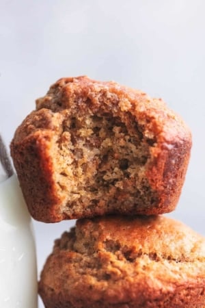 close up bran muffins with a bite out