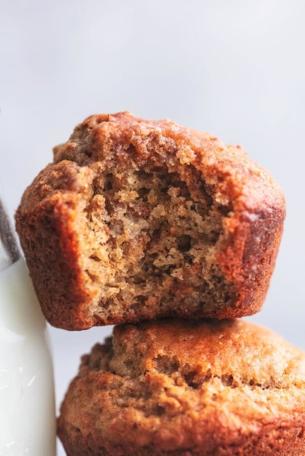 close up bran muffins with a bite out