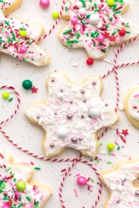 snowflake, tree, and stocking sugar cookies
