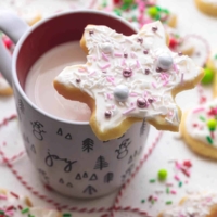 snowflake shaped sugar cookie with sprinkles resting on top of hot cocoa mug