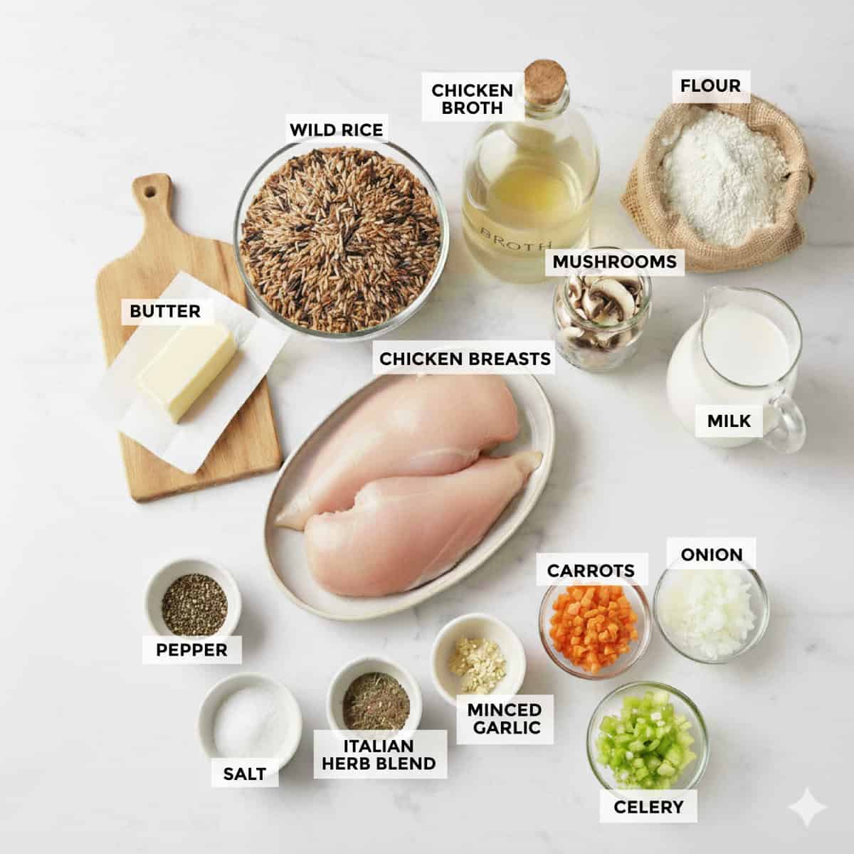 Creamy chicken and wild rice soup ingredients.