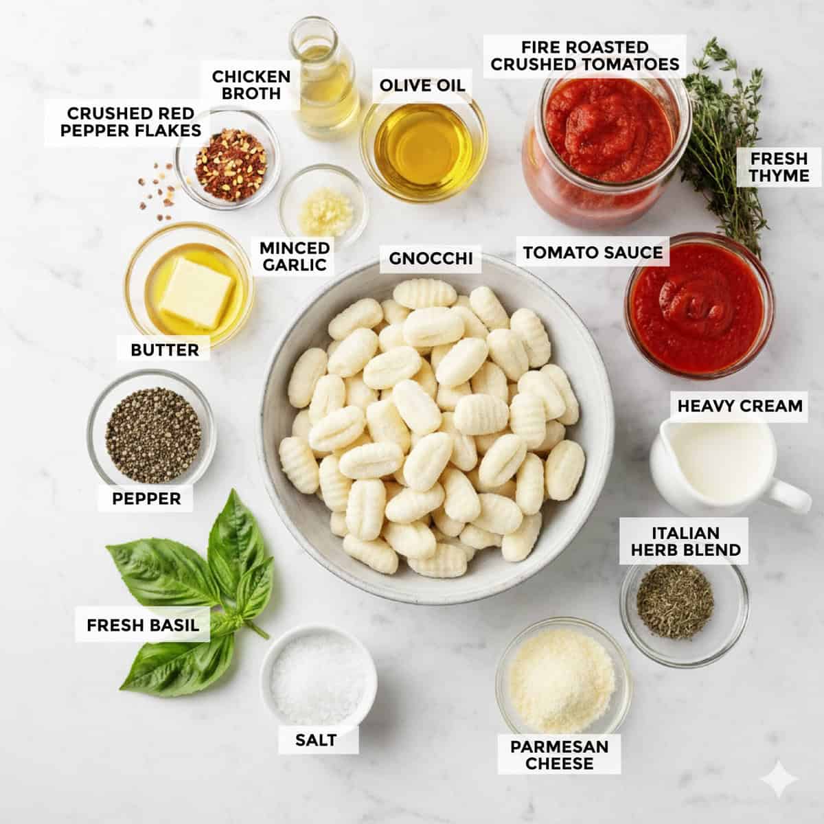 Gnocchi and red sauce ingredients.