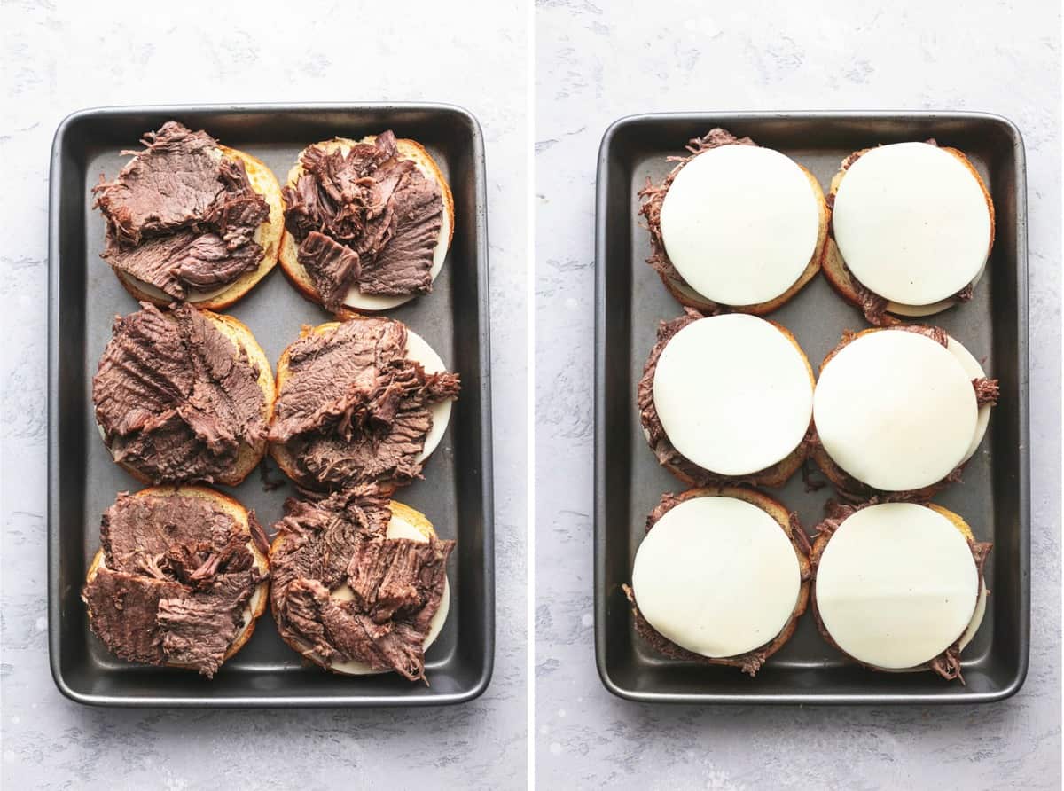 side by side images of french dip sandwiches without the top bun and with and without the cheese on a baking sheet.