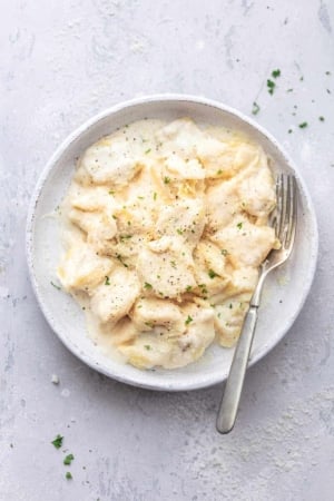alfredo tortellini on a plate with a fork