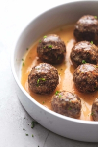 up close meatballs with gravy