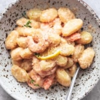 up close shrimp and gnocchi in a bowl